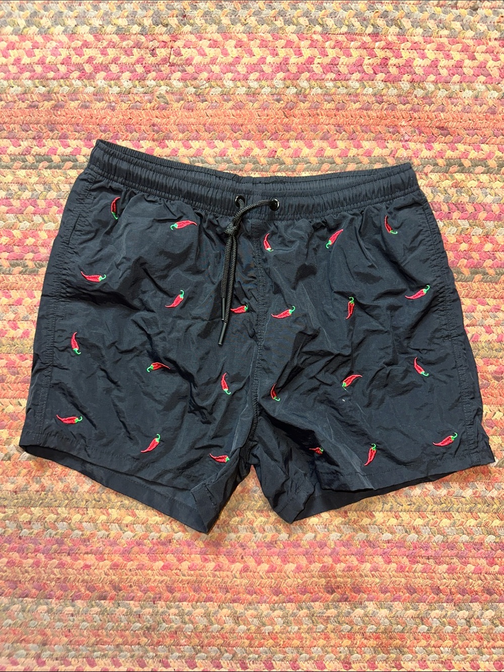WARREN WEBBER Black Swim Trunks Red Chili Embroidery